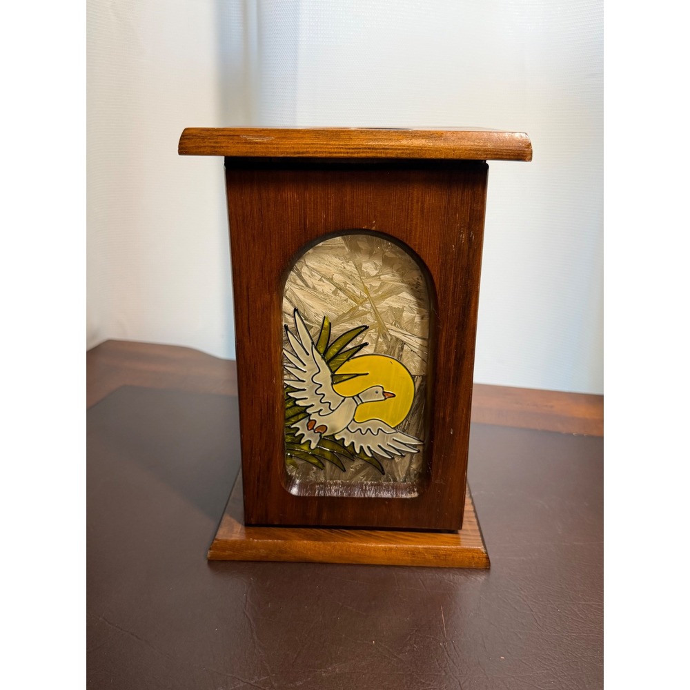 Vintage Wood Goose Candle Lantern Mirror Back Stained Glass Style Rustic Decor
